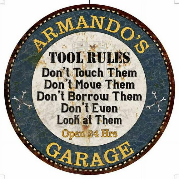 ARMANDO'S Garage Rules 12" Round Metal Sign Garage Wall Décor 100140015372