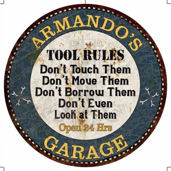 ARMANDO'S Garage Rules 14" Round Metal Sign Garage Wall Decor 100140015372
