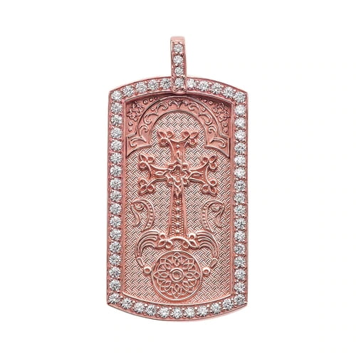 ARMENIAN CROSS "KHACHKAR" DIAMOND ROSE GOLD DOG TAG PENDANT NECKLACE : Pendant with 16" chain