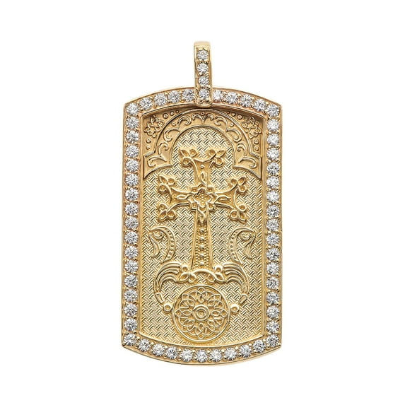 ARMENIAN CROSS "KHACHKAR" DIAMOND YELLOW GOLD DOG TAG PENDANT NECKLACE :  Pendant only