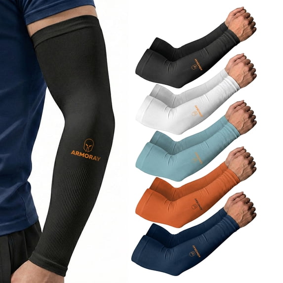 ARMORAY Arm Sleeves for Men Women Basketball Golf Running Football Cycling BLACK+WHITE+AQUA+ORANGE+NAVY (5 Pairs)