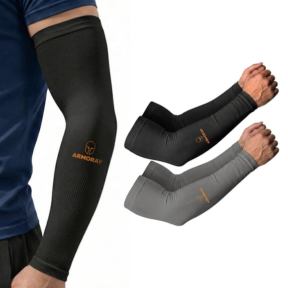 ARMORAY Compression Arm Sleeves 2 Pairs, Black & Gray UV Protection, Cooling & Tattoo Cover-Up