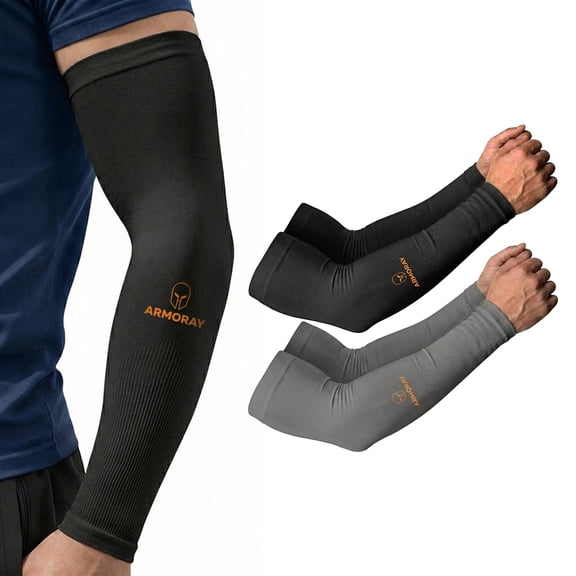 ARMORAY Compression Arm Sleeves 2 Pairs, Black & Gray UV Protection, Cooling & Tattoo Cover-Up