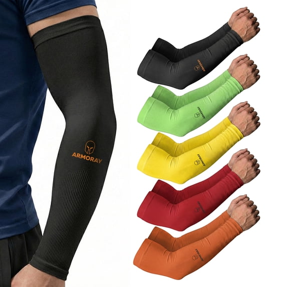 ARMORAY Arm Sleeves for Men or Women Basketball Golf Running Football Cycling (Multi Color Hi-Vis 5 Pairs)