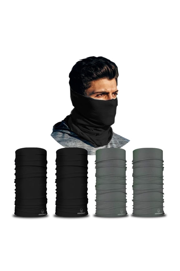 Neck Gaiter Face Cover Reusable & Washable UV Protection Bandana Men Women Outdoor Sun Dust Shield Black Grey 4-Pack