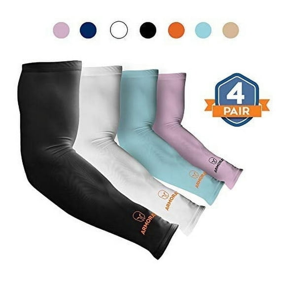 ARMORAY UV Protection Arm Sleeves, Unisex Compression for Sports, 4 Pairs, Pink, Black, White, Aqua