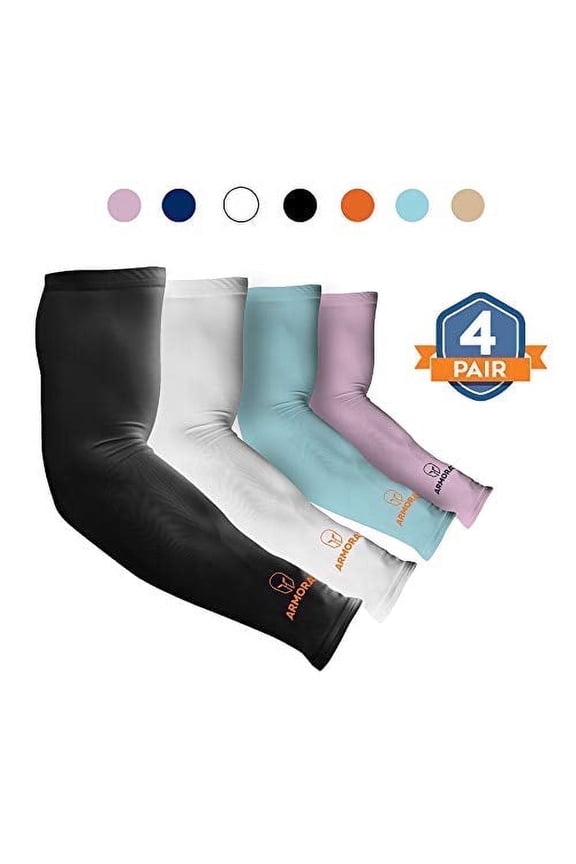 UV Protection Arm Sleeves, Unisex Compression for Sports, 4 Pairs, Pink, Black, White, Aqua
