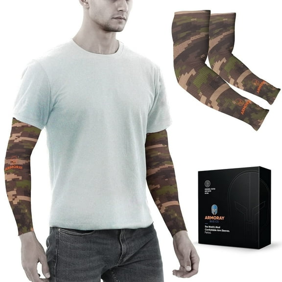 ARMORAY UV Protection Tattoo CoverUp Unisex Adults Athletic Arm Sleeves, Forest Camo, 2 counts