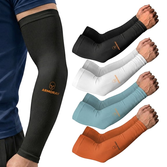 ARMORAY UV Protection Unisex Adults Athletic Arm Sleeves, BLACK/WHITE/AQUA/ORANGE, 8 counts