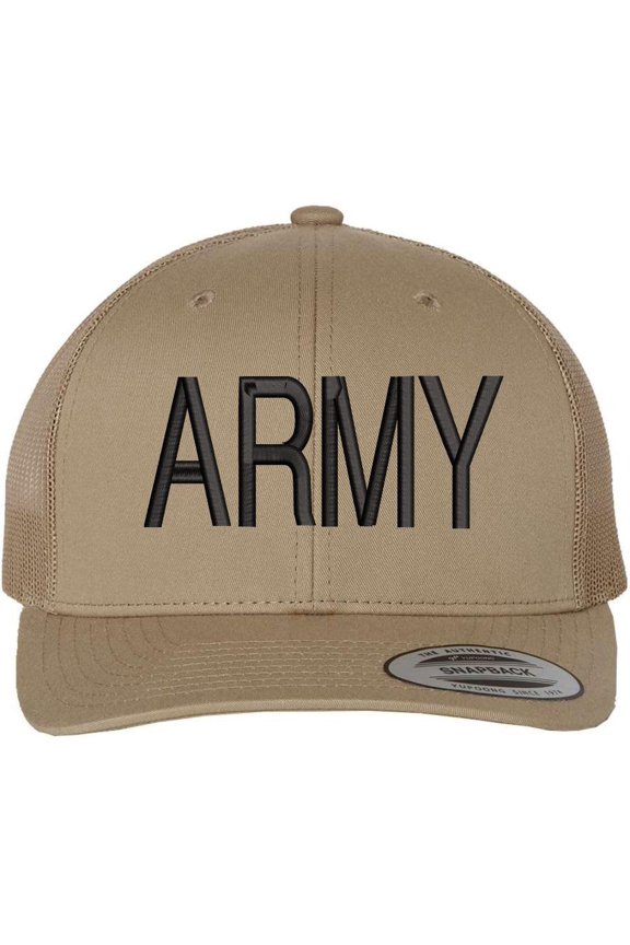 ARMY Embroidered Trucker Hat | US Army Military Text Structured Mesh Back Baseball Cap (Khakii)