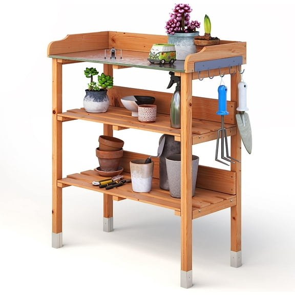 ARNOT Potting ,Outdoor Potting Table with Sink and Storage Shelves, Wooden Garden Workstation for Gardening Tools, Planting, and Repotting – Natural Fir Wood (30" x 14.5" x 35")