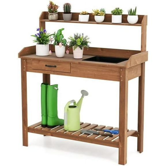 ARNOT Potting ,Outdoor Potting Table with Sink and Storage Shelves, Wooden Garden Workstation for Gardening Tools, Planting, and Repotting – Natural Fir Wood (38" x 17" x 50")