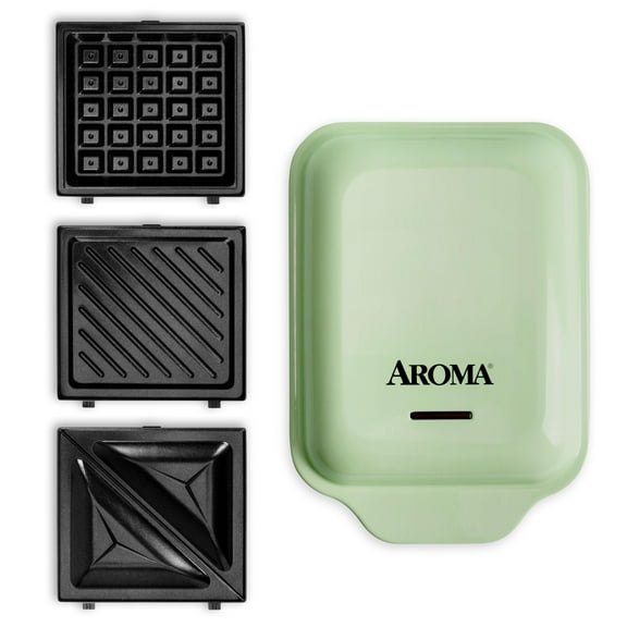 AROMA 3-in-1 Panini Press, Sandwich Grill, and Waffle Maker with Removable Ceramic Coated Plates