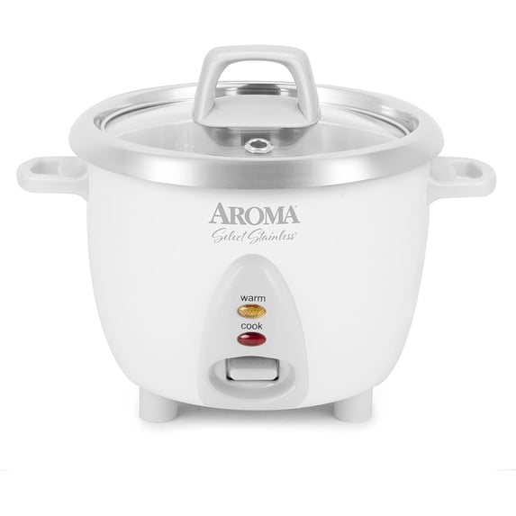 AROMA ® Select Stainless ® Rice Cooker, 3-Cup (Uncooked) / 6-Cup (Cooked), Stainless Steel Inner Pot, Small Rice Cooker, Auto Keep Warm, 1.2 Qt, White, ARC-753SG