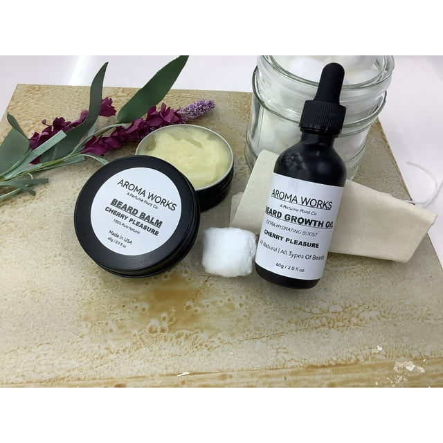 AROMA WORKS CRAFTED COMBO PACK-(2 PCS) BEARD BALM & BEARD GROWTH OIL(CHERRY PLEASURE)| ALL TYPES OF BEARDS WITH MOISTURIZER & JOJOBA OIL, ARGON OIL | ALL-NATURAL HAND CRAFTED | 60 ML / 2.0 FL OZ EACH