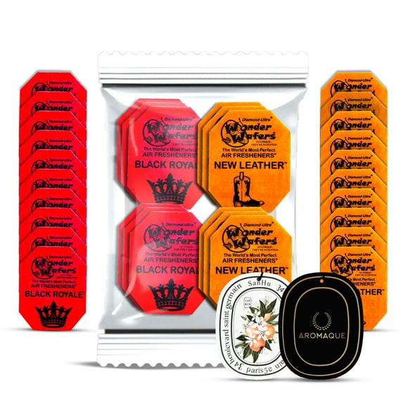 "AROMAQUE 36 CT Wonder Wafers & 18 CT Black Royale Car Air Freshener Bundle, auto car scent
