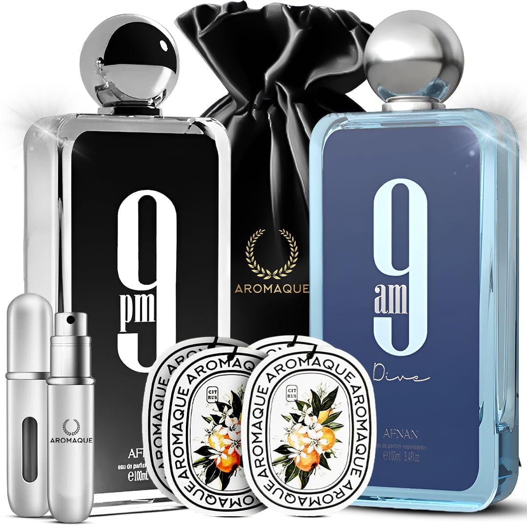 AROMAQUE Afnan 9AM & 9PM Cologne Bundle with Refillable Bottle, Car Freshener, Satin Bag