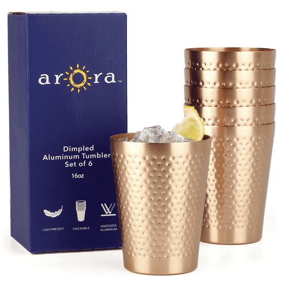 ARORA Aluminum Metal Cups for Drinks, Metal Anodized Hammered Copper Color Tumblers Set of 6, Aluminum Drinking Cups for Cocktail Drink, Beer Bar Party Gifts ,16oz