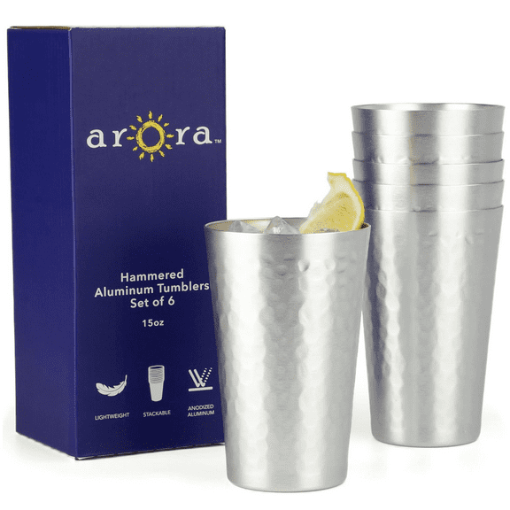 ARORA Aluminum Metal Cups for Drinks, Metal Anodized Hammered Silver Color Tumblers Set of 6, , Aluminum Drinking Cups for Father's Day 15oz