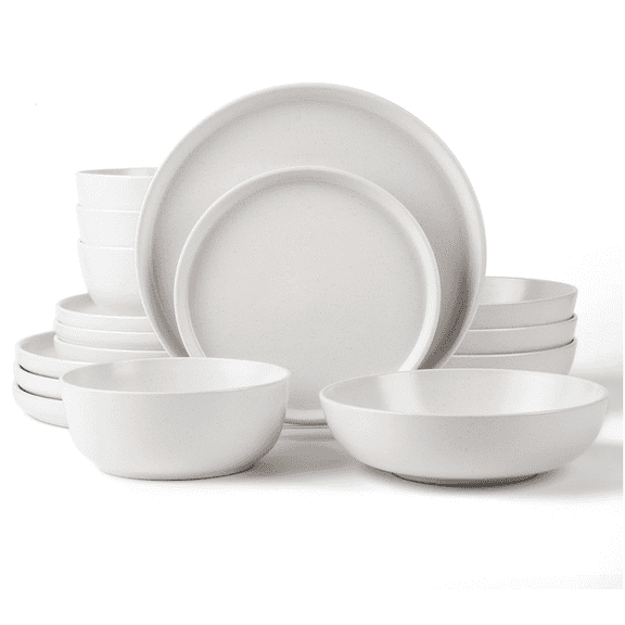 Arora SKUGGA Round Stoneware 16pc Double Bowl Dinnerware Set for 4, Dinner and Side Plates, Cereal and Pasta Bowls - Matte White(466077)