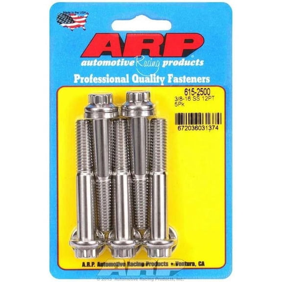 ARP ARP615-2500 0.375-16 x 2.50 in. Thread 12-Point Stainless Steel Head Bolt, Polished - Set of 5