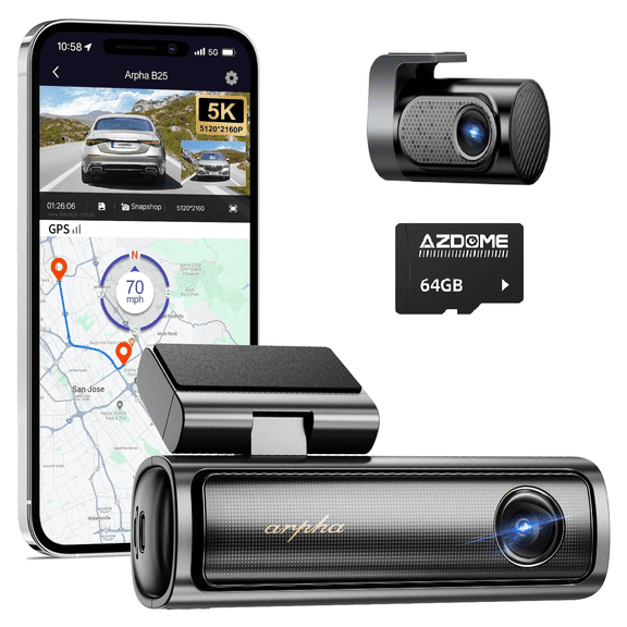 ARPHA Dash Cam Front and Rear, 5K Dash Cam for Cars with 5G WiFi, Free 64GB SD Card, ADAS, GPS, Voice Control, WDR Night Vision, G-Sensor, 24H Parking Monitor, Easy to Install