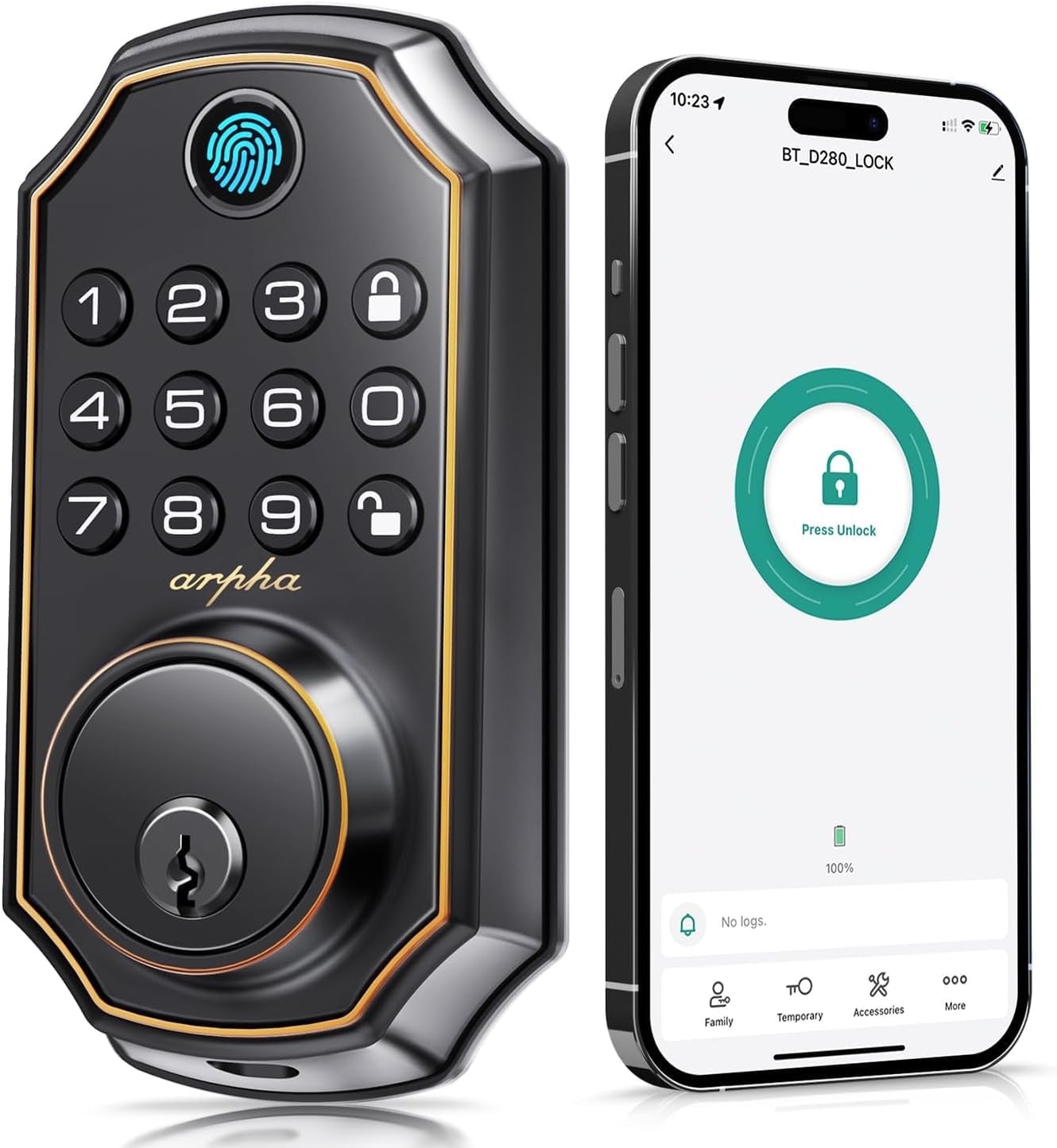 ARPHA Keyless Entry Door Knock, Smart Fingerprint Door Lock, Keypad Deadbolt with APP Control, One Touch Lock/Unlock, Auto-Lock, One Time Code, Zinc Alloy