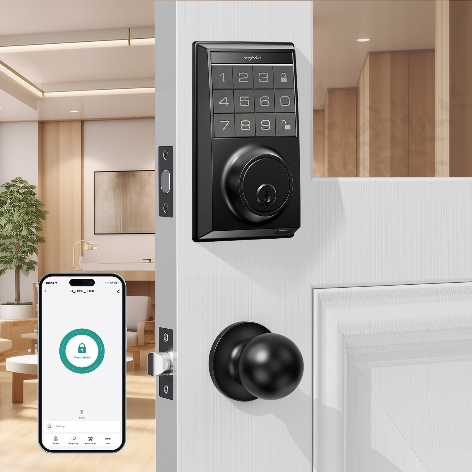ARPHA Keyless Entry Door Lock with App Control, Smart Keypad Deadbolt with 2 Door Knobs, 100 Code Door Locks for Front Door, One Time Code, Auto Lock Easy to Install