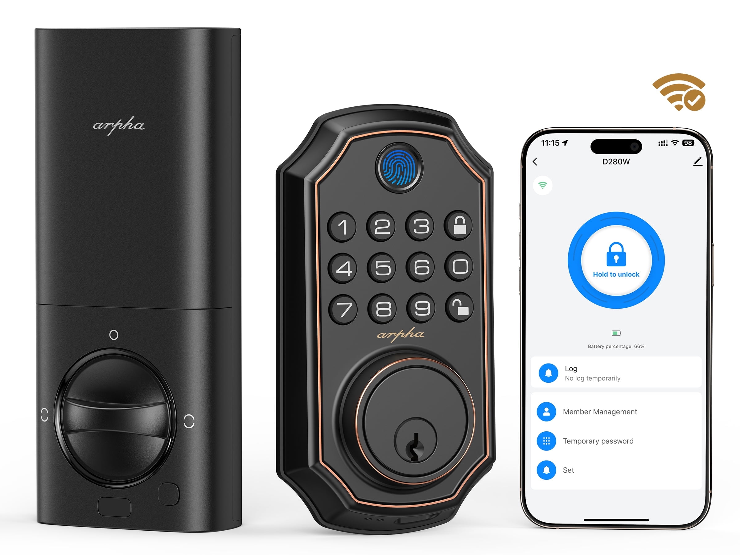 ARPHA Security Smart Lock, APP Remote Control WiFi Keyless Entry Door Lock, Fingerprint Door Lock, Electronic Digital Door Lock,Code Door Lock for Front Door, IP54 Waterproof