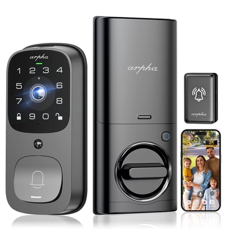 ARPHA Smart Door Lock, 5-in-1 Fingerprint Keyless Entry Door Lock with 2K HD Camera, 2 Way Audio & WiFi, IP65 Waterproof, App Remote Control, Keypad Code, Smart Door Lock for Homes and Hotel