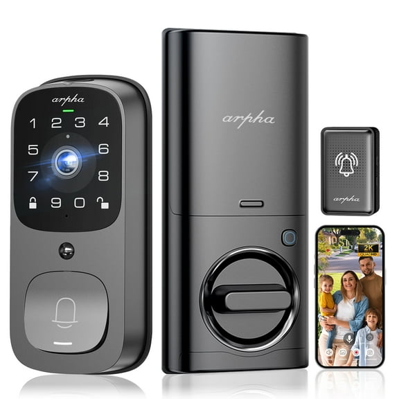 ARPHA Smart Door Lock, 5-in-1 Fingerprint Keyless Entry Door Lock with 2K HD Camera, 2 Way Audio & WiFi, IP65 Waterproof, App Remote Control, Keypad Code, Smart Door Lock for Homes and Hotel