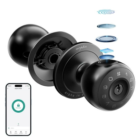 ARPHA Smart Fingerprint Door Knob, Keyless Entry Door Lock with App Control, Smart Door Knob with Keypad, One-Time Code, Anti-Peeping Password, Biometric Fingerprint Unlock