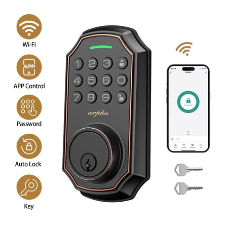 ARPHA Smart Lock, 2.4G WiFi Keyless Entry Door Lock, Security Wireless Electronic Door latch, APP Remote Control, Auto Lock and One-touch Smart Lock for Home, Anti-peeping Keypad, Black