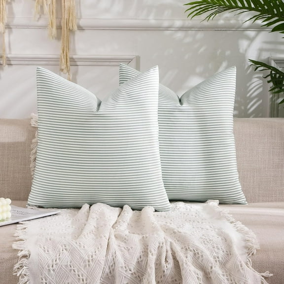 ARRIE HOME Farmhouse Light Green Striped Throw Pillow Covers 18x18 Neutral Striped Outdoor Pillow Cover 18 x 18 Set of 2 for Patio Sofa Porch, Grey Green and White