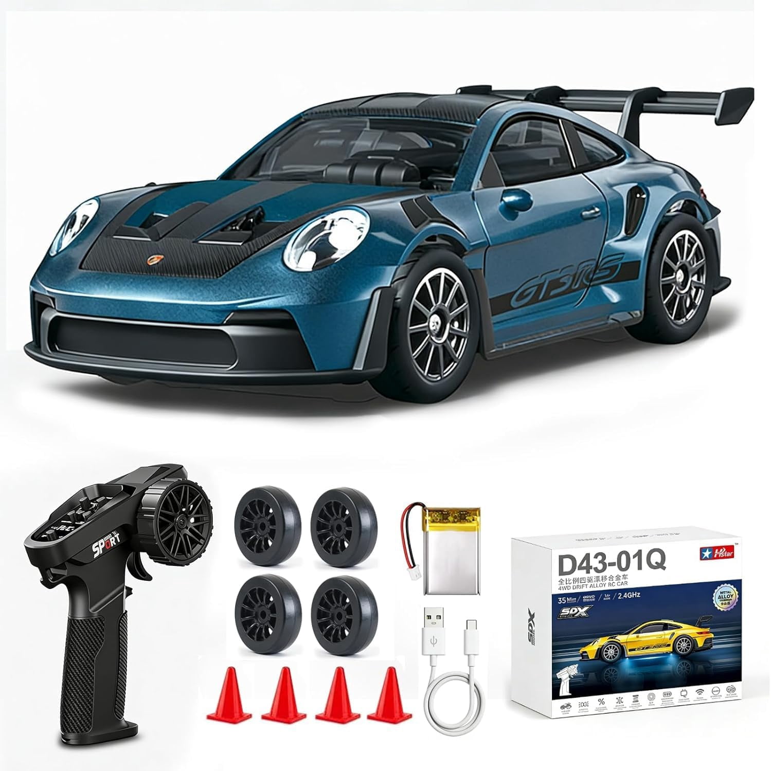 ARRIS 1/43 911 RC Drift Car 4WD with Gyro Full Proportional RTR-Blue