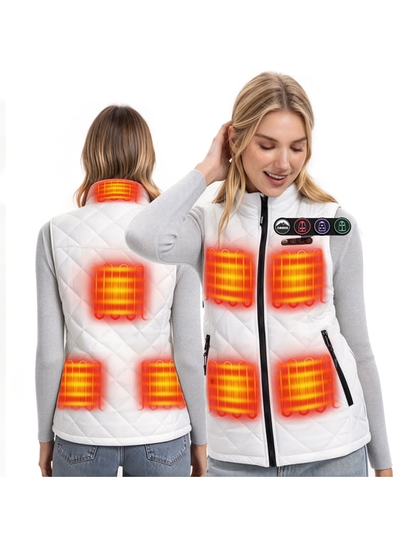8-Zone Heated Quilted Vest for Women with Battery, Size Adjustable Smart Heating Vest with 3 Control Buttons S - XXXL-White