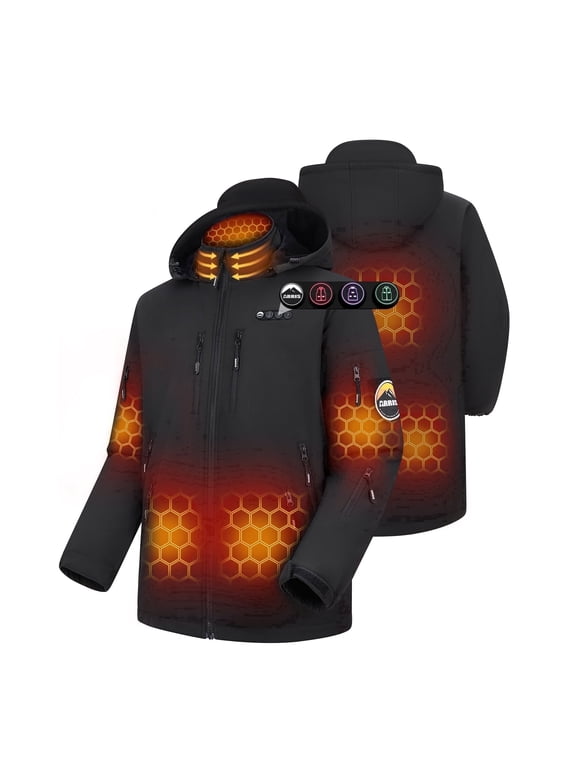 Heated Jacket for Men , Electric Heating Soft Shell Coat with 12V Battery and Detachable Hood - Waterproof, 8 Heating Areas-M