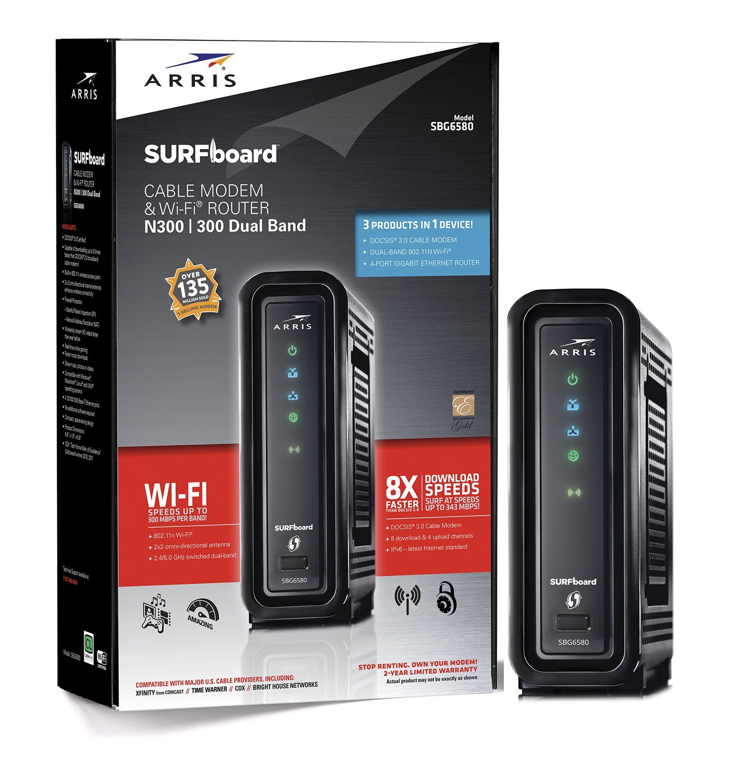 ARRIS SURFboard DOCSIS 3.0 Cable Modem / N600 Wi-Fi Dual-Band Router. Approved for XFINITY Comcast, Cox, Charter and most other Cable Internet providers for plans up to 150 Mbps.(SBG6580) - image 1 of 9