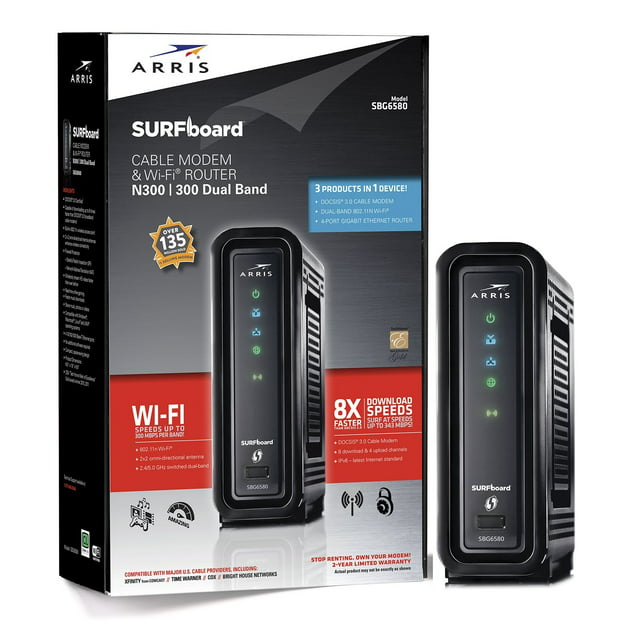 ARRIS SURFboard DOCSIS 3.0 Cable Modem / N600 Wi-Fi Dual-Band Router. Approved for XFINITY Comcast, Cox, Charter and most other Cable Internet providers for plans up to 150 Mbps.(SBG6580)