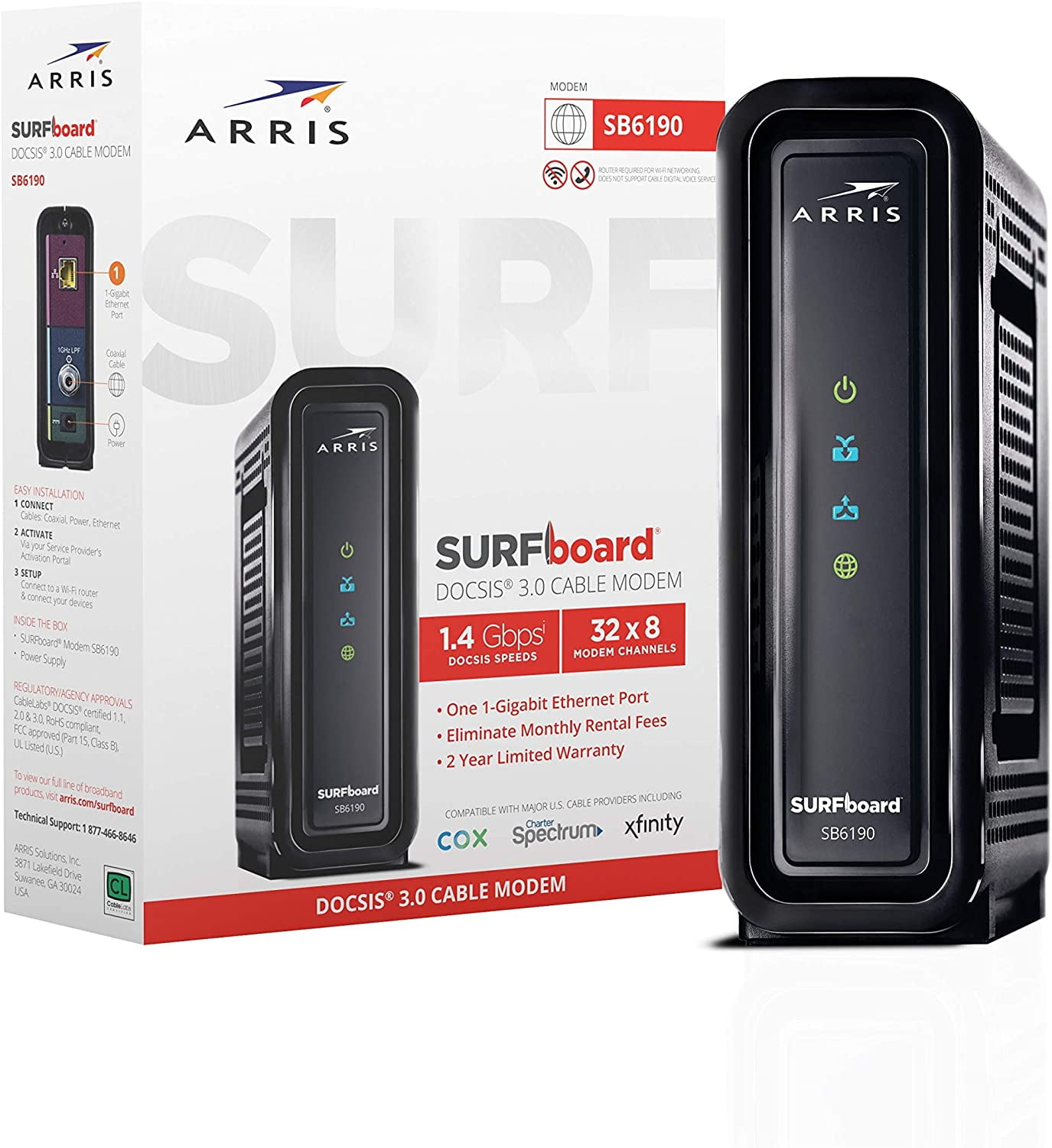 ARRIS SURFboard DOCSIS 3.0 Cable Modem SB6190 - Xfinity, Cox ARRIS SURFboard DOCSIS 3.0 Cable Modem SB6190 - Xfinity, Cox