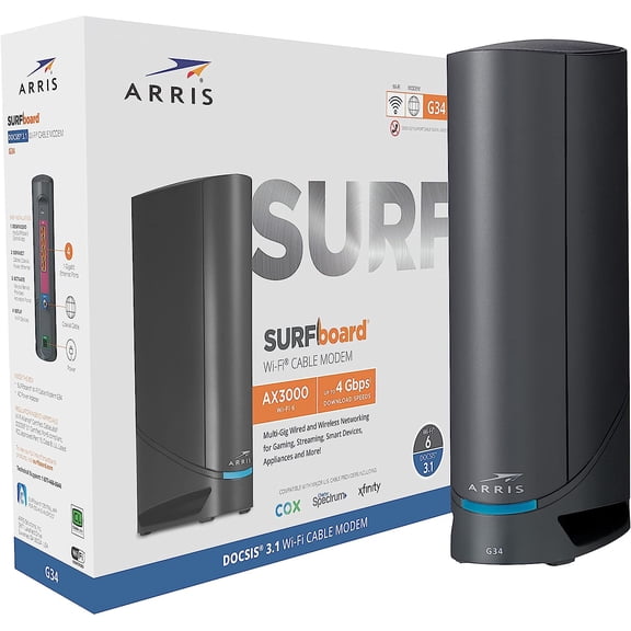 ARRIS Surfboard G34 DOCSIS 3.1 Gigabit Cable Modem & AX3000 Wi-Fi 6 Router, Approved for Cox, Spectrum, Xfinity & Others black