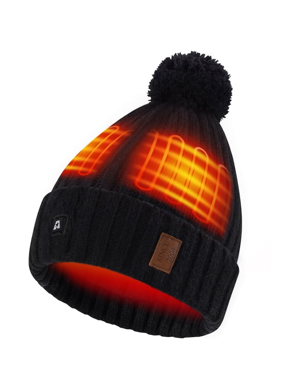 Women's Heated Beanie Hat with Pom, Rechargeable Battery Electric Winter Warm Knit Cap with 3 Heat Settings & Fleece Lining for Outdoor Hiking, Skiing, Walking, Gift for Women, Black