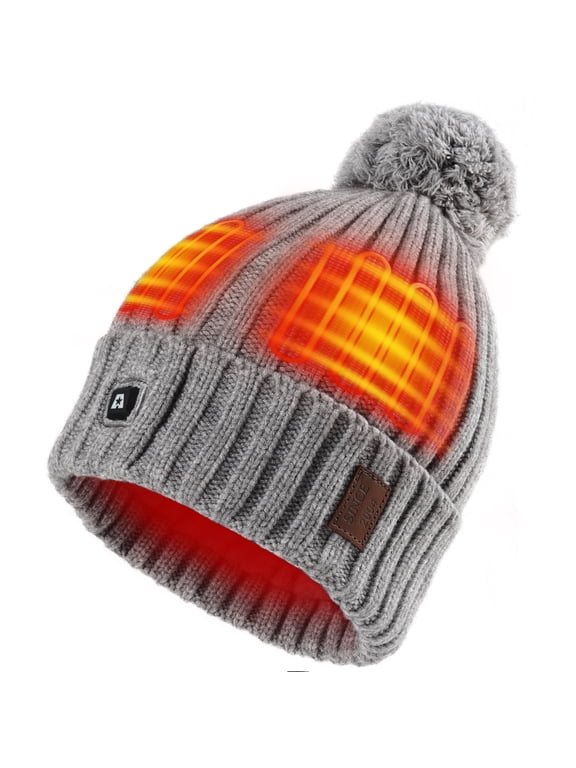 Women's Heated Beanie Hat with Pom, Rechargeable Battery Electric Winter Warm Knit Cap with 3 Heat Settings & Fleece Lining for Outdoor Hiking, Skiing, Walking, Gift for Women, Gray