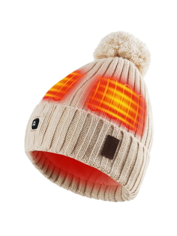 Women's Heated Beanie Hat with Pom, Rechargeable Battery Electric Winter Warm Knit Cap with 3 Heat Settings & Fleece Lining for Outdoor Hiking, Skiing, Walking, Gift for Women, Beige