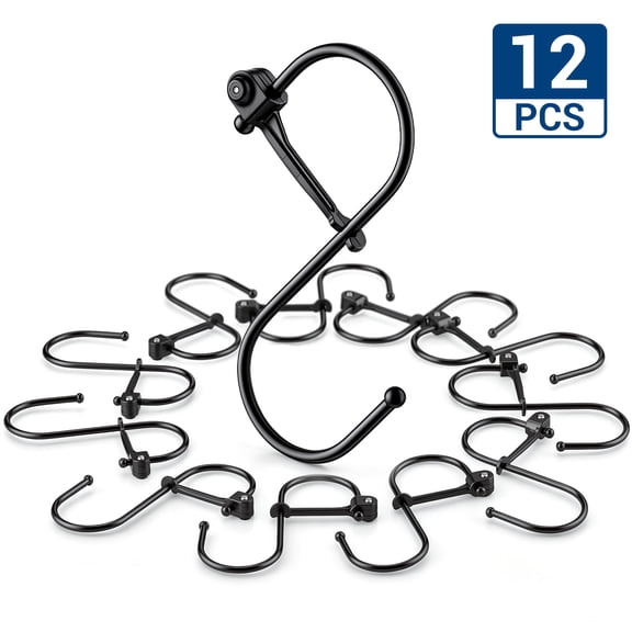 ARRITZ S Hooks With Safety Lock Clip, 12 Pack Black Powder Coated Metal Hooks, Fits 1.18 in Rod, Holds Up To 22 LBS For Kitchen Closet Garage Storage