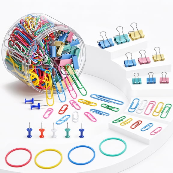 ARRITZ Colored Paper Clips, Binder Clips, Rubber Bands & Push Pins, 330‑Piece All‑in‑One Office Set for Fastening & Organizing, with Storage Box