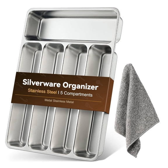 ARRITZ Silverware Organizer Stainless Steel, Utensil Tray Dishwasher Safe for Kitchen Drawer, Fits Spoons, Forks & Knives,13.8"x11.4"x1.6"