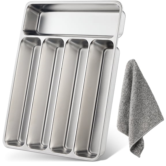 ARRITZ Stainless Steel Silverware Organizer, Drawer Utensil Tray with 5 Compartments, Dishwasher Safe for Spoons, Forks & Knives, 13.8" x 11.4" x 1.6"