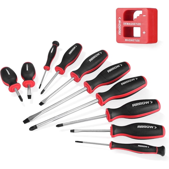ARROW 11-Piece Magnetic Set, Cr-V Steel Screw driver Set with Magnetizer/Demagnetizer, 2 PCS Precision , Non-Slip Grip, Magnetic Phillips & Flathead Tips, for Home Improvement