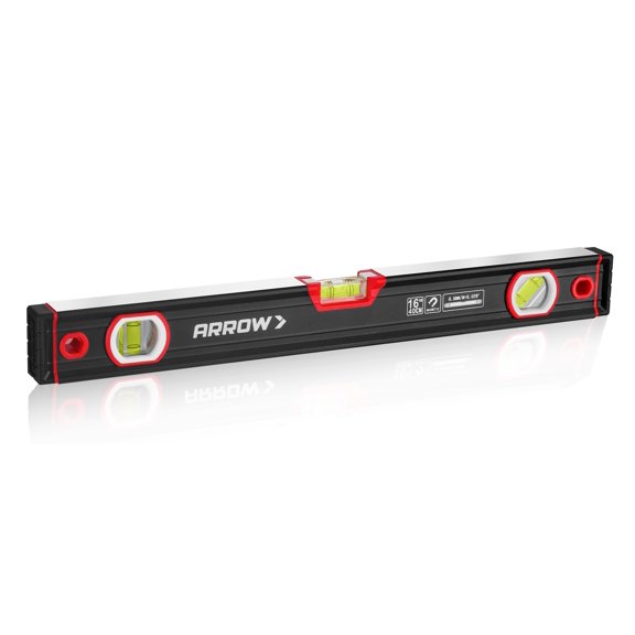 ARROW 16-Inch Level, Magnetic Torpedo Level with 45/90/180 Bubbles, Aluminum Alloy Body, Precision-Machined Base, Shockproof Rubber End Caps, V-Groove & Hanging Hole for Construction, Carpentry